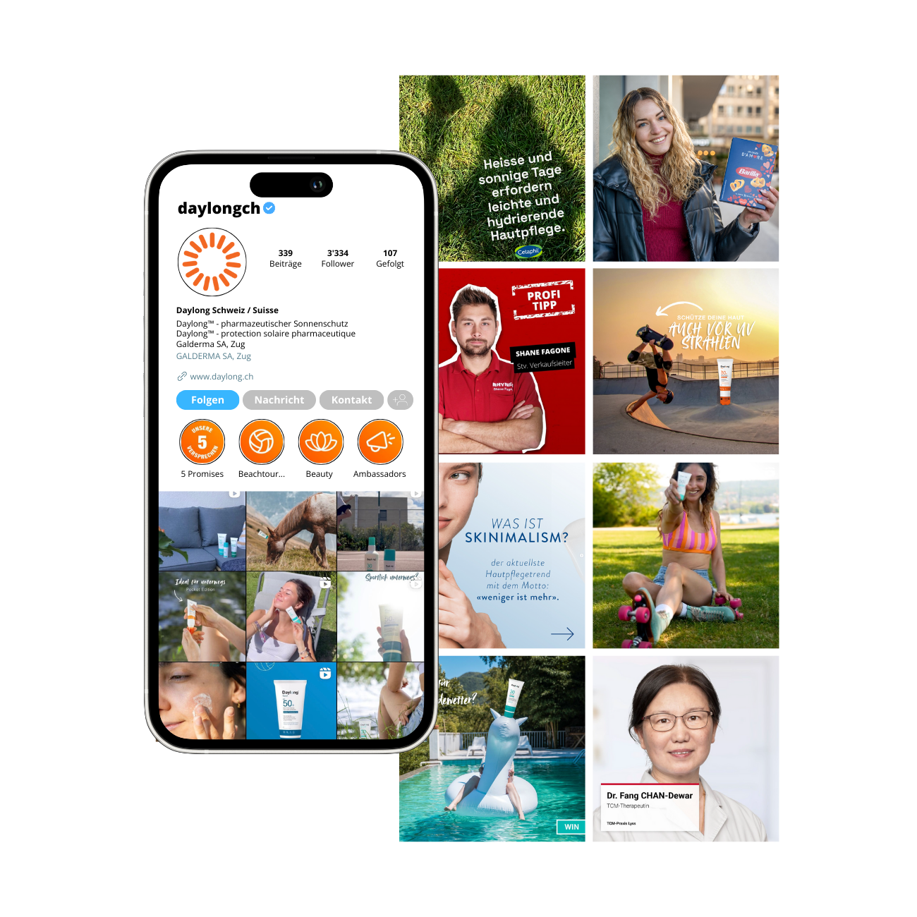 Ein iPhone mit dem Daylong Instagram Feed und eine Auswahl an verschiedenen Post von verschiedenen Marken neben dem iPhone